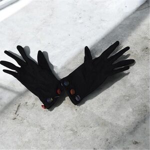 Han Feng Black Wool Gloves Unlined Decorative Plaid Buttons Designer OOAK
